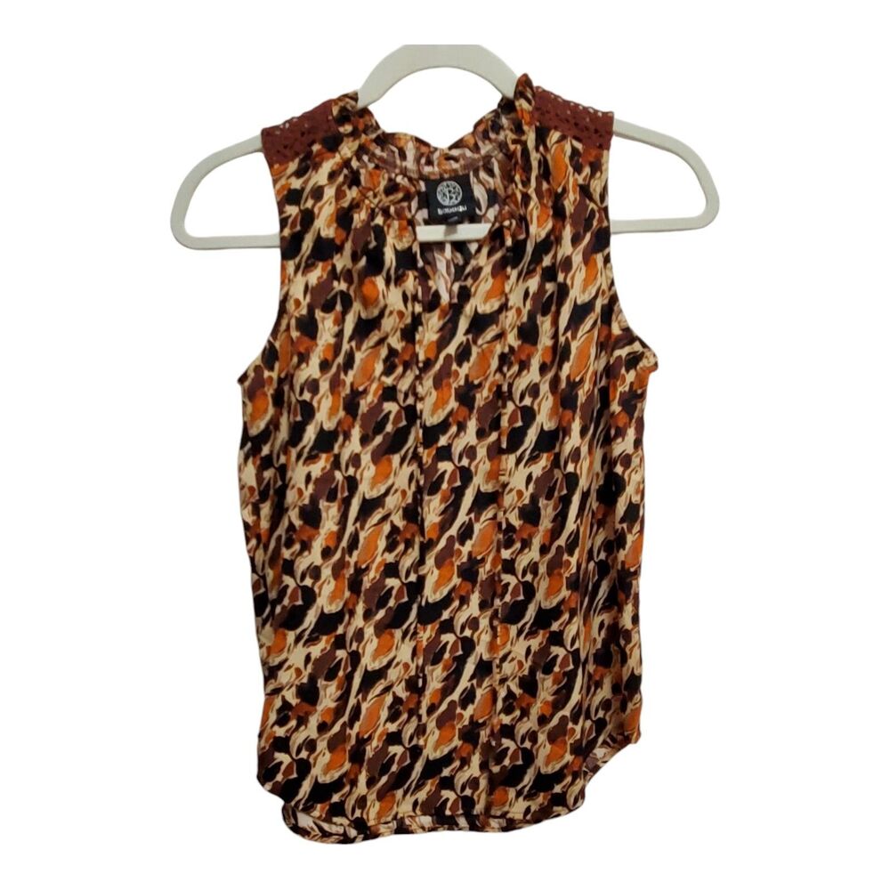 Bobeau Blouse Size XS Brown Rust Black Pattern Lace Trim Sleeveless Career NWOT
